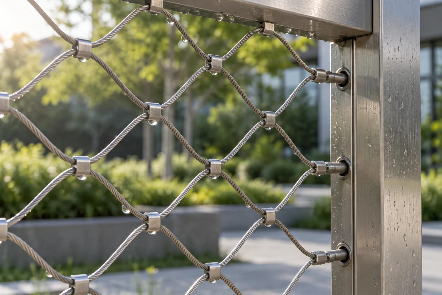 Detail eines Edelstahl-Seilnetzes mit Metallhülsen und Wassertropfen